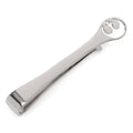 Silver Star Wars Rebel Alliance insignia cutout tie bar on a dark blue patterned tie.