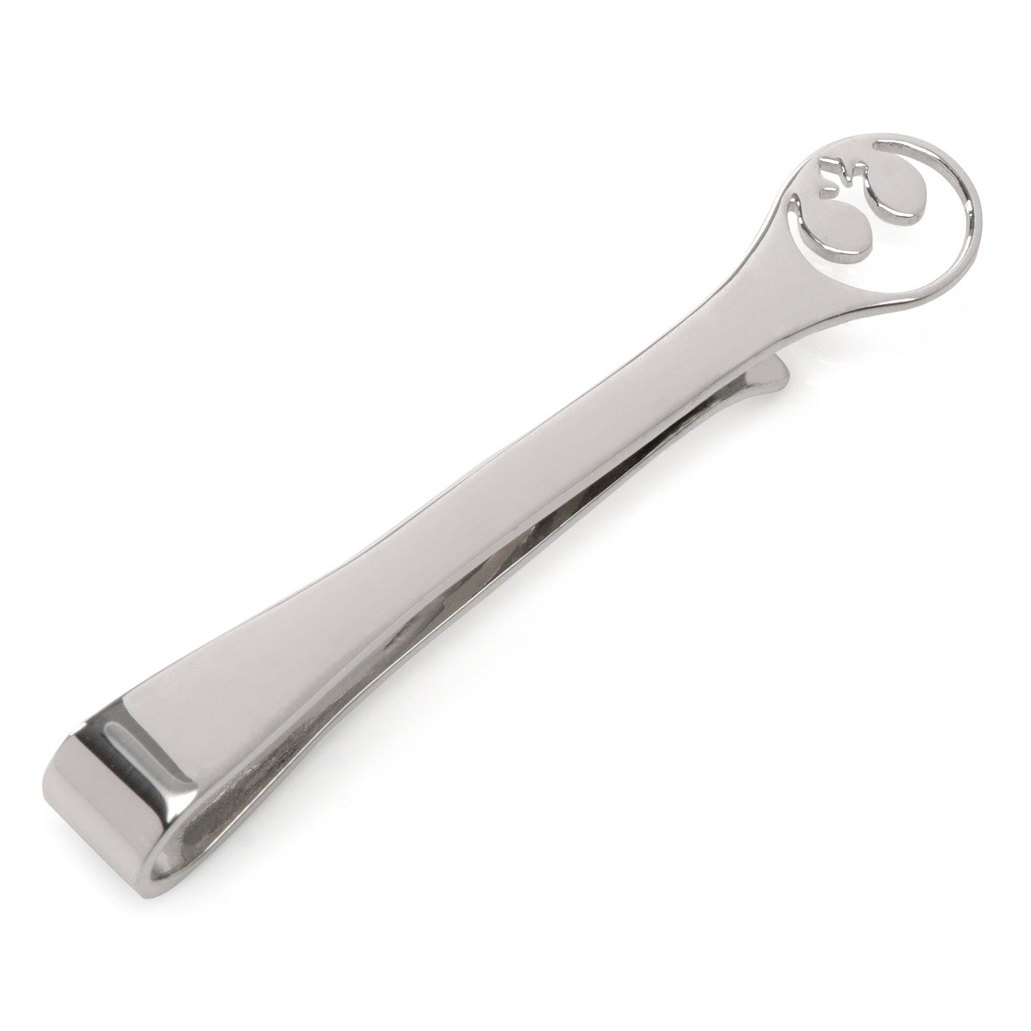 Silver Star Wars Rebel Alliance insignia cutout tie bar on a dark blue patterned tie.