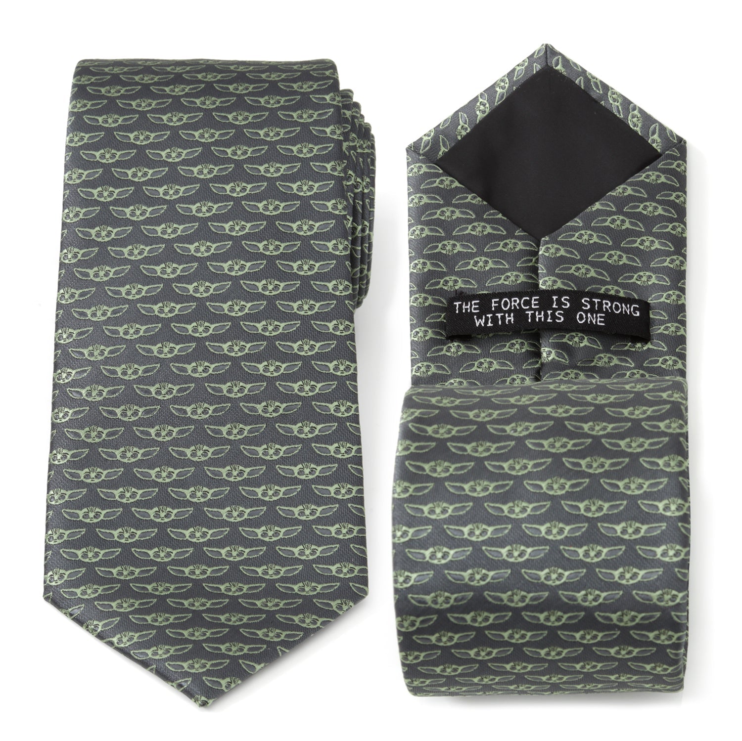Man wearing a gray Star Wars necktie with a repeated Grogu pattern over a white button-down shirt.