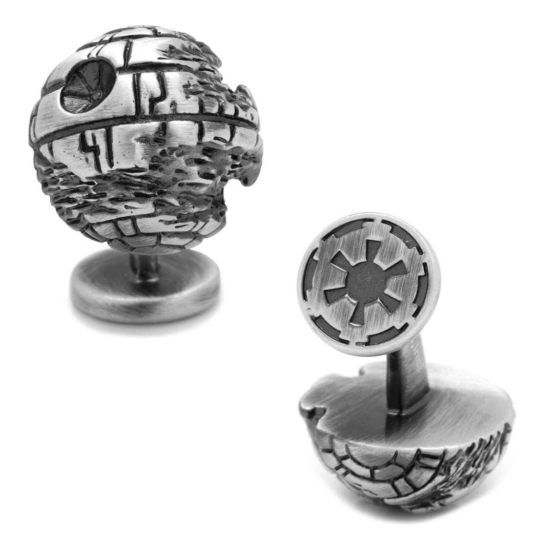 A pair of 3D Death Star II cufflinks finished in antique silver, featuring detailed crater textures and an Imperial emblem backing.