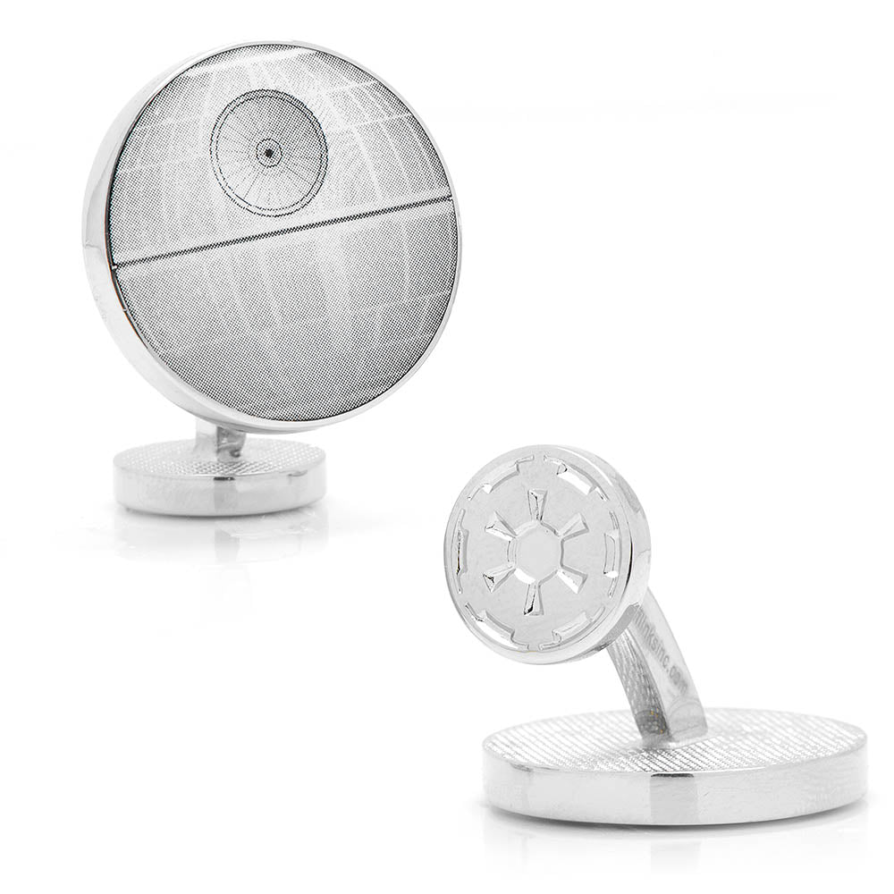 Silver-tone Star Wars Death Star cufflinks featuring detailed engravings.