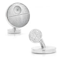 Silver-tone Star Wars Death Star cufflinks featuring detailed engravings.