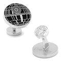 Star Wars Death Star cufflinks with recessed matte black detailing on a polished silver base