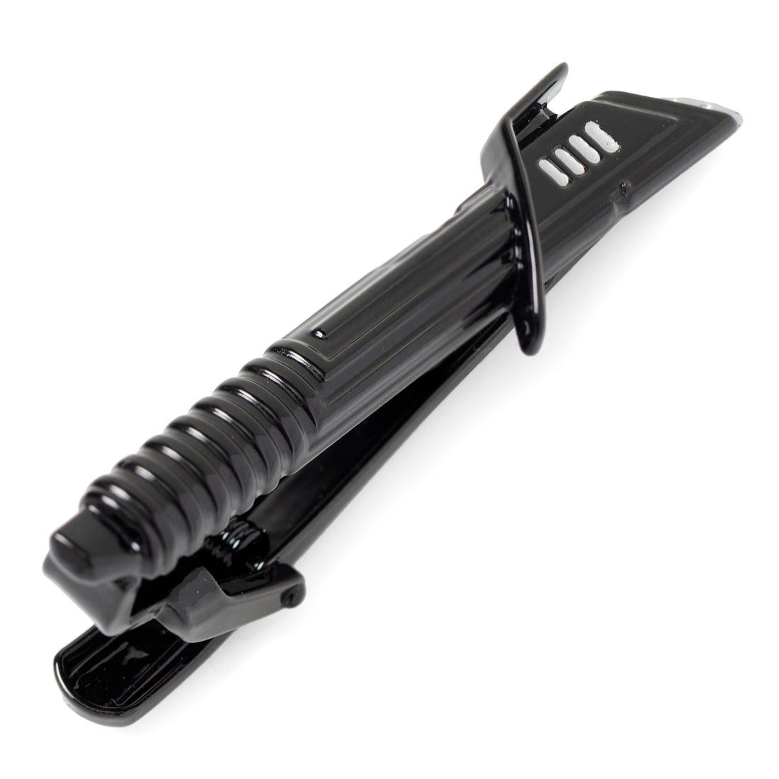 Close up of a black and silver Darksaber tie clip showing the textured handle and blade details.