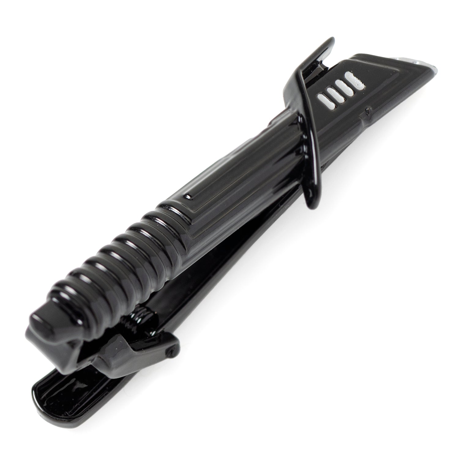 Close up of a black and silver Darksaber tie clip showing the textured handle and blade details.