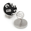Close up of Star Wars Death Star graphic cufflinks showing circular black and silver design with embossed Star Wars logo on the backing.