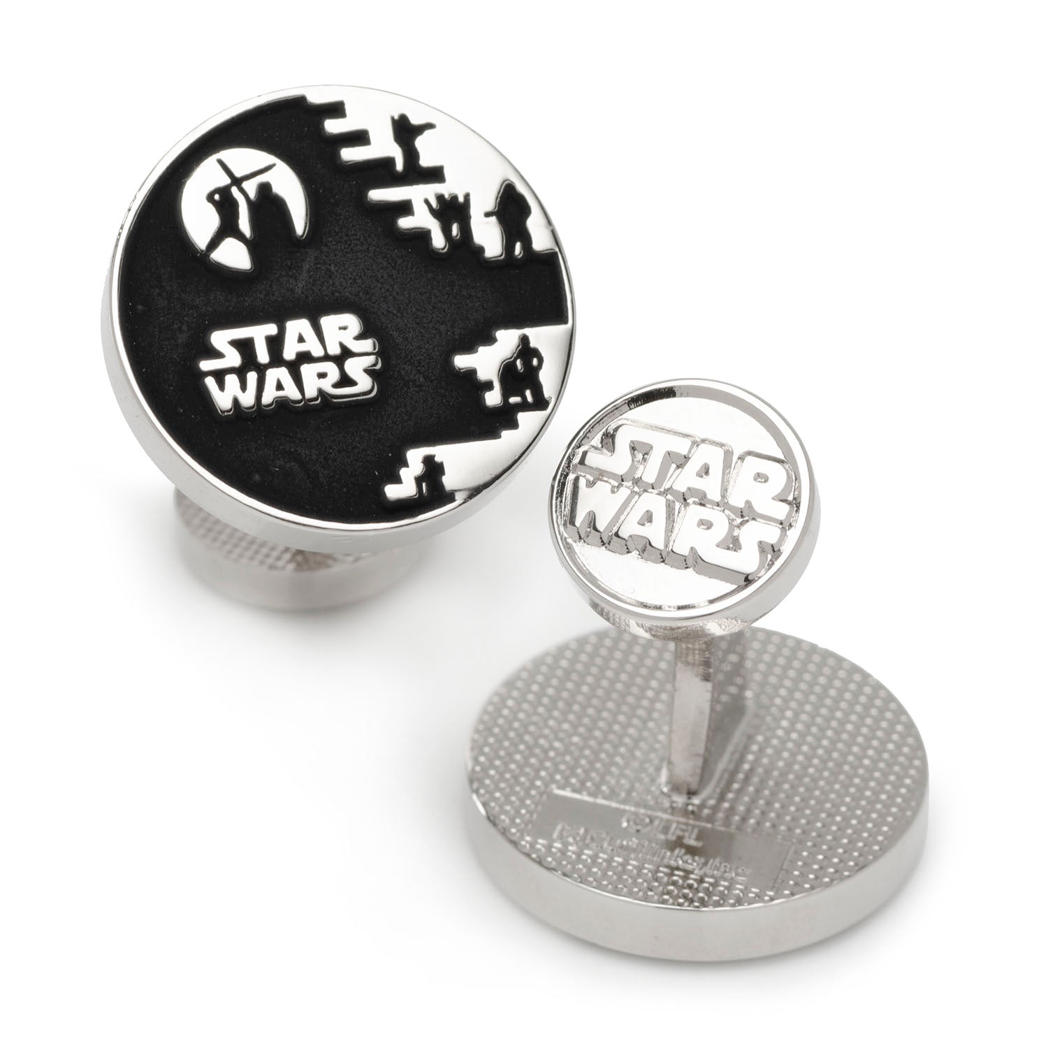 Close up of Star Wars Death Star graphic cufflinks showing circular black and silver design with embossed Star Wars logo on the backing.