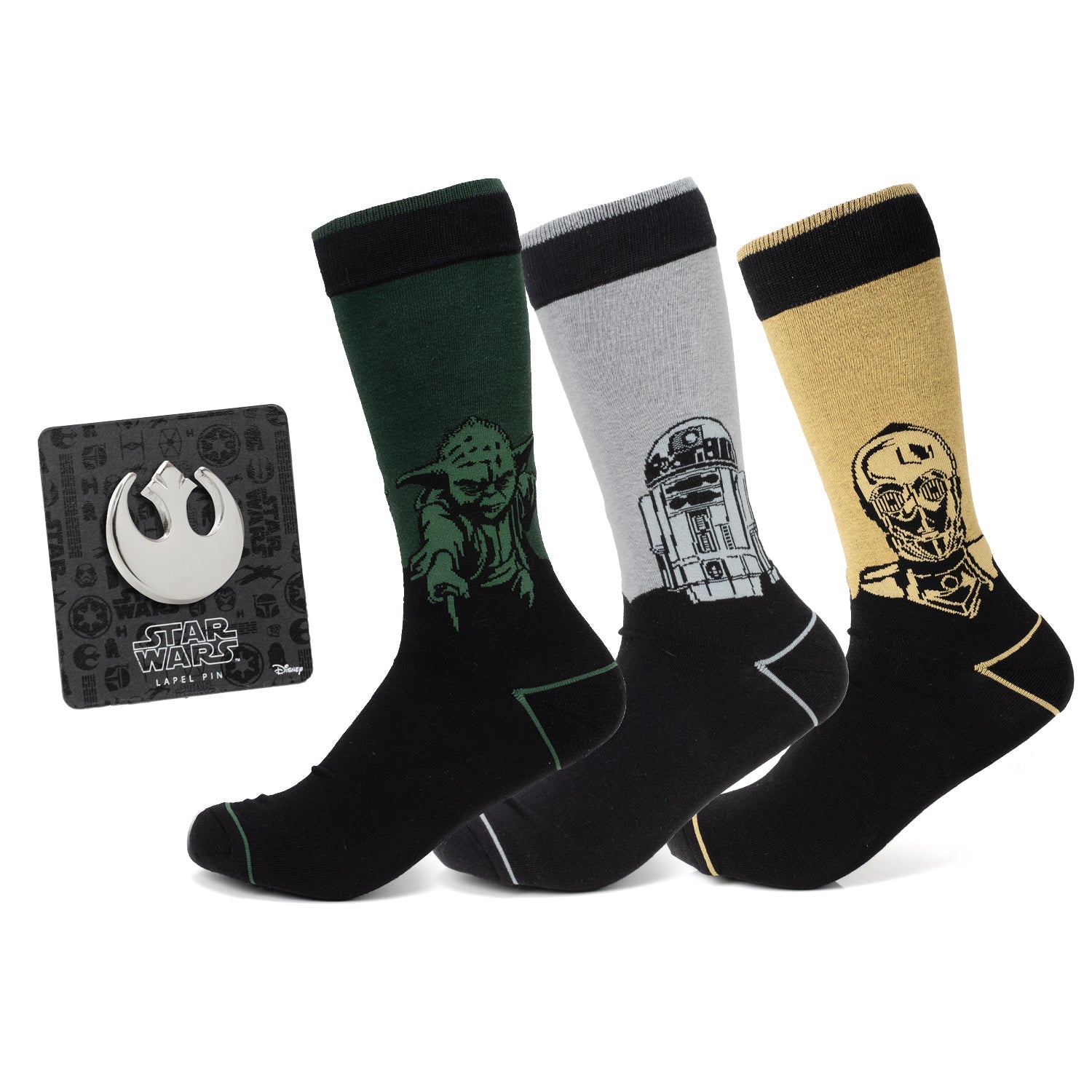 Three pairs of Star Wars themed crew socks featuring Yoda, R2-D2, and C-3PO designs with a Rebel Alliance lapel pin