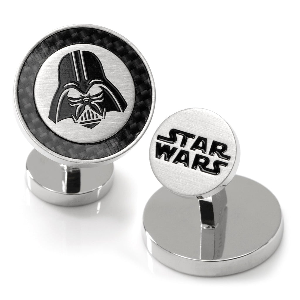 Round Star Wars Darth Vader helmet cufflinks featuring silver and black carbon fiber details