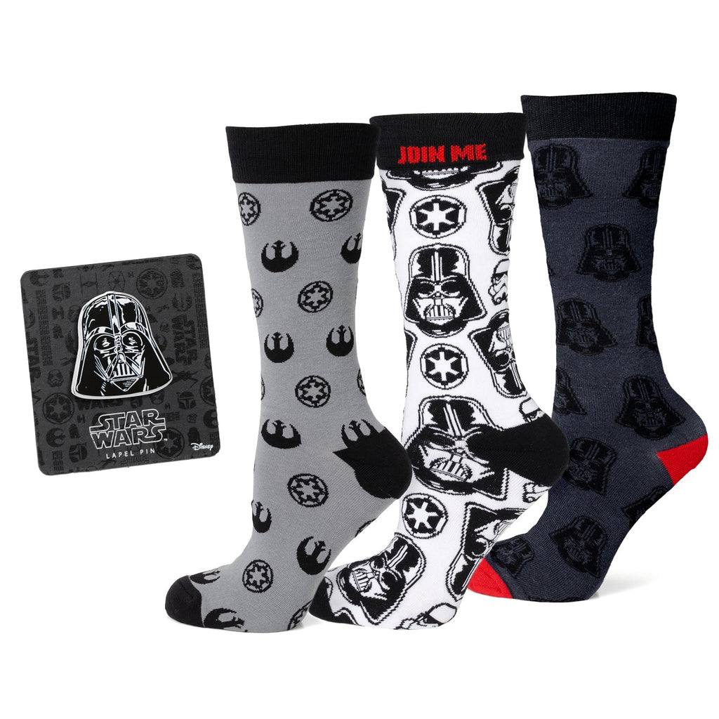 Star Wars gift set including three pairs of patterned crew socks and a Darth Vader metal lapel pin