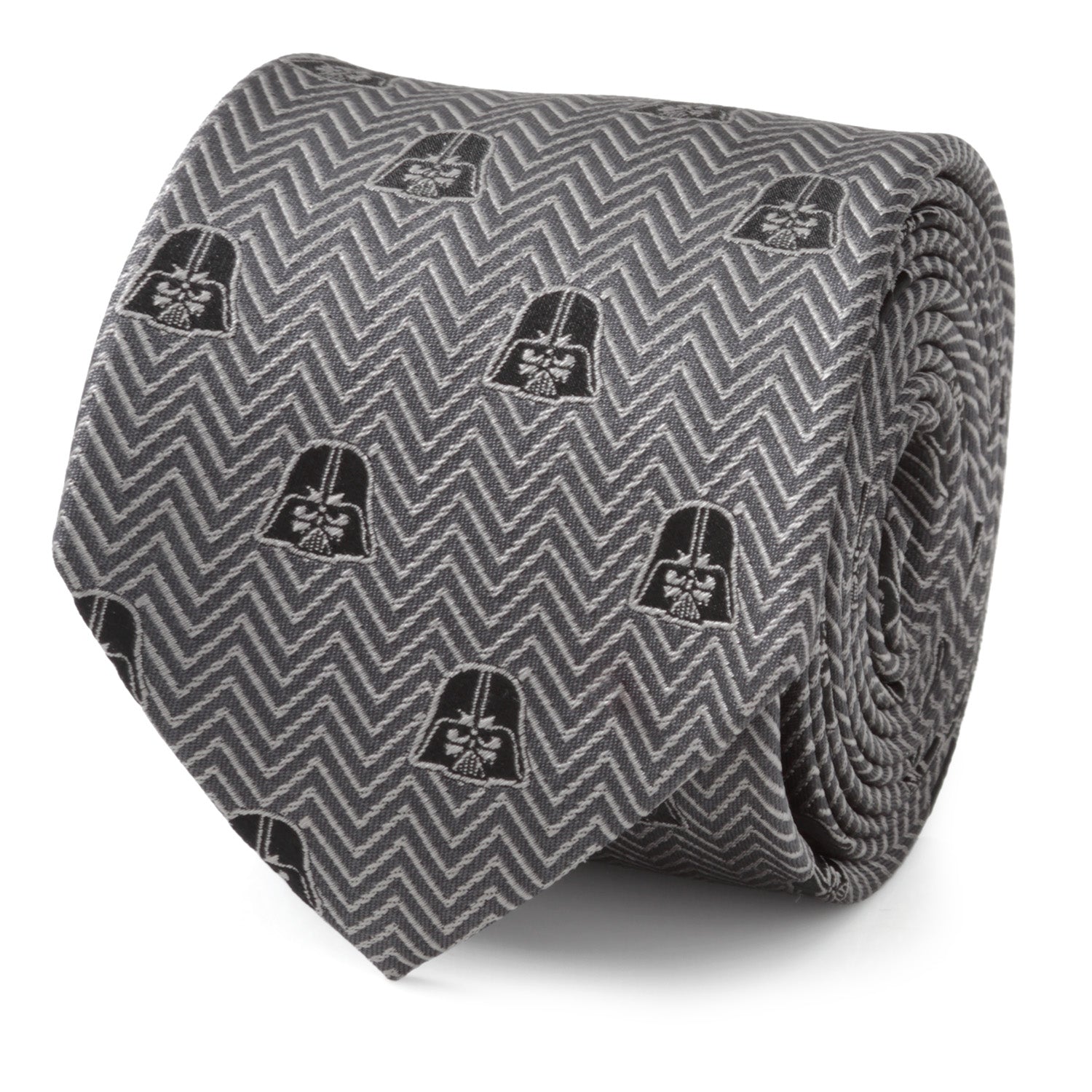 Close up of a gray and black herringbone patterned necktie featuring small Darth Vader helmet icons