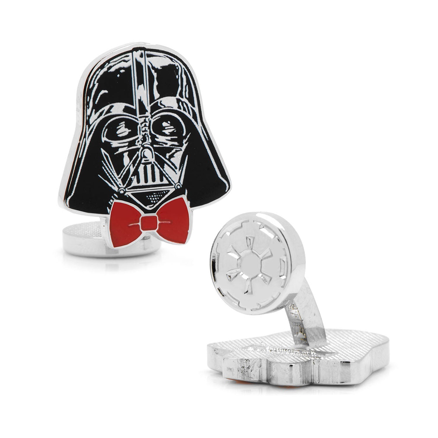 Darth Vader wearing a red bowtie on a metal cufflink for men's dress shirts
