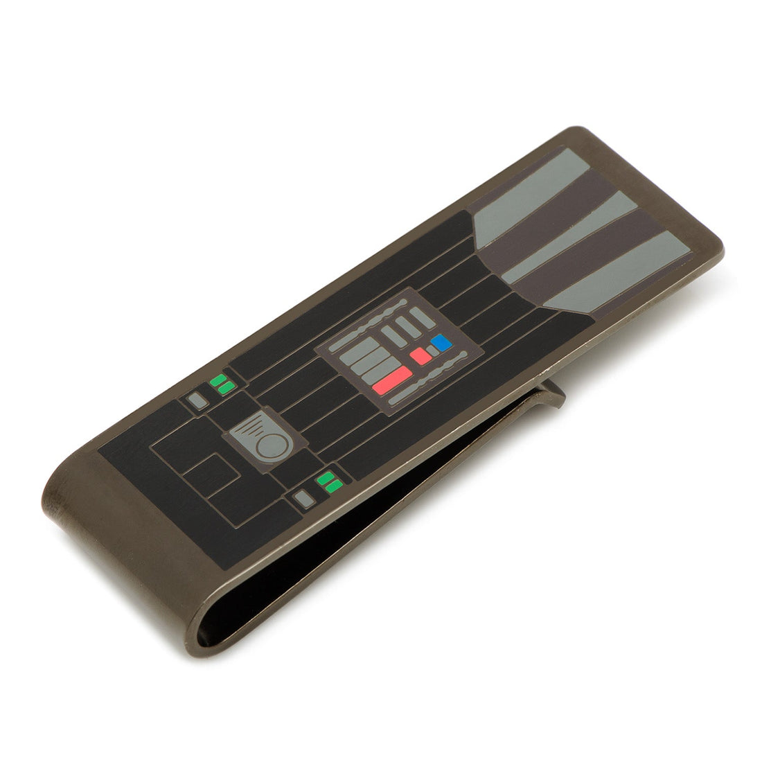 Top view of Star Wars Darth Vader chest plate themed money clip in black metal finish.