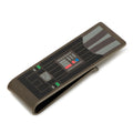 Top view of Star Wars Darth Vader chest plate themed money clip in black metal finish.