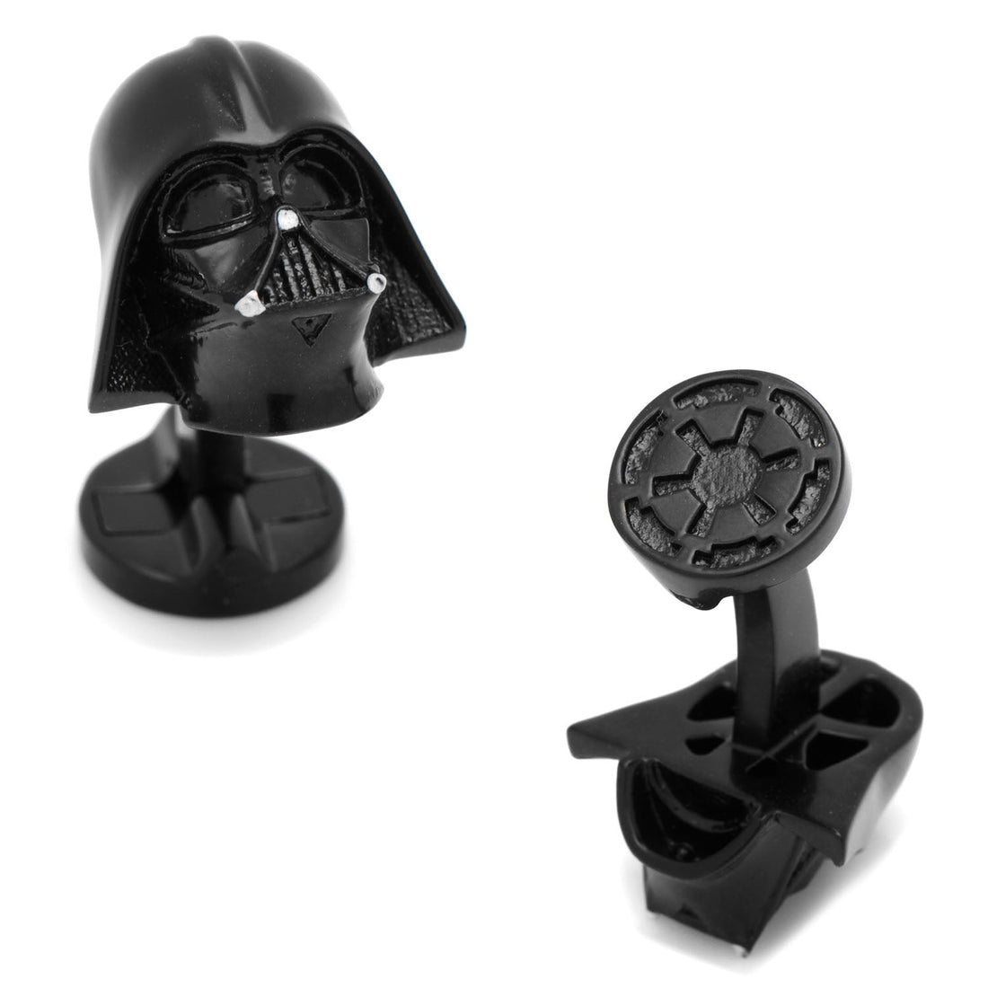 A pair of matte black 3D Darth Vader helmet cufflinks with Empire logo on the swivel back.