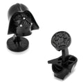 A pair of matte black 3D Darth Vader helmet cufflinks with Empire logo on the swivel back.