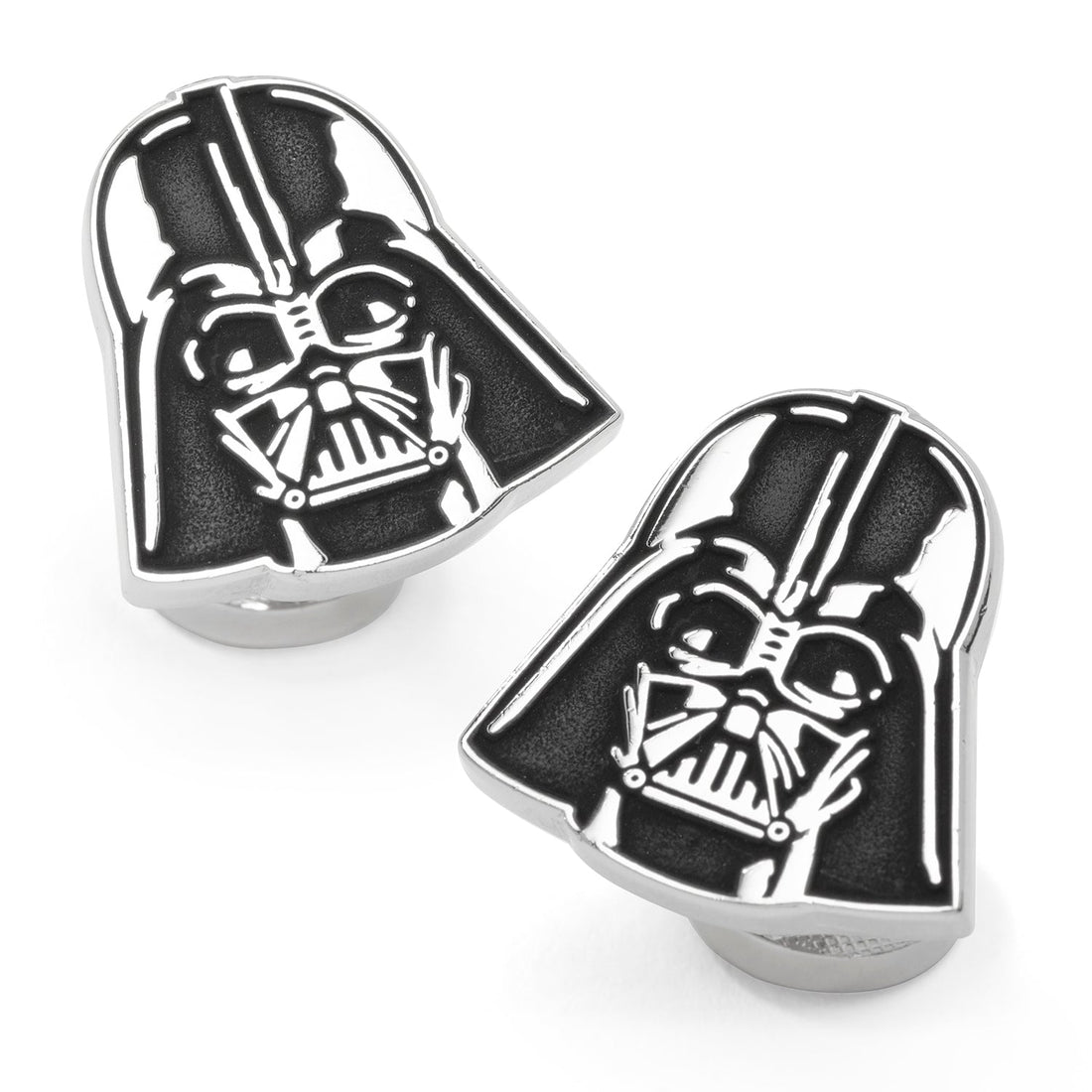 A pair of Star Wars Darth Vader cufflinks featuring a matte black recessed design on a polished silver background.