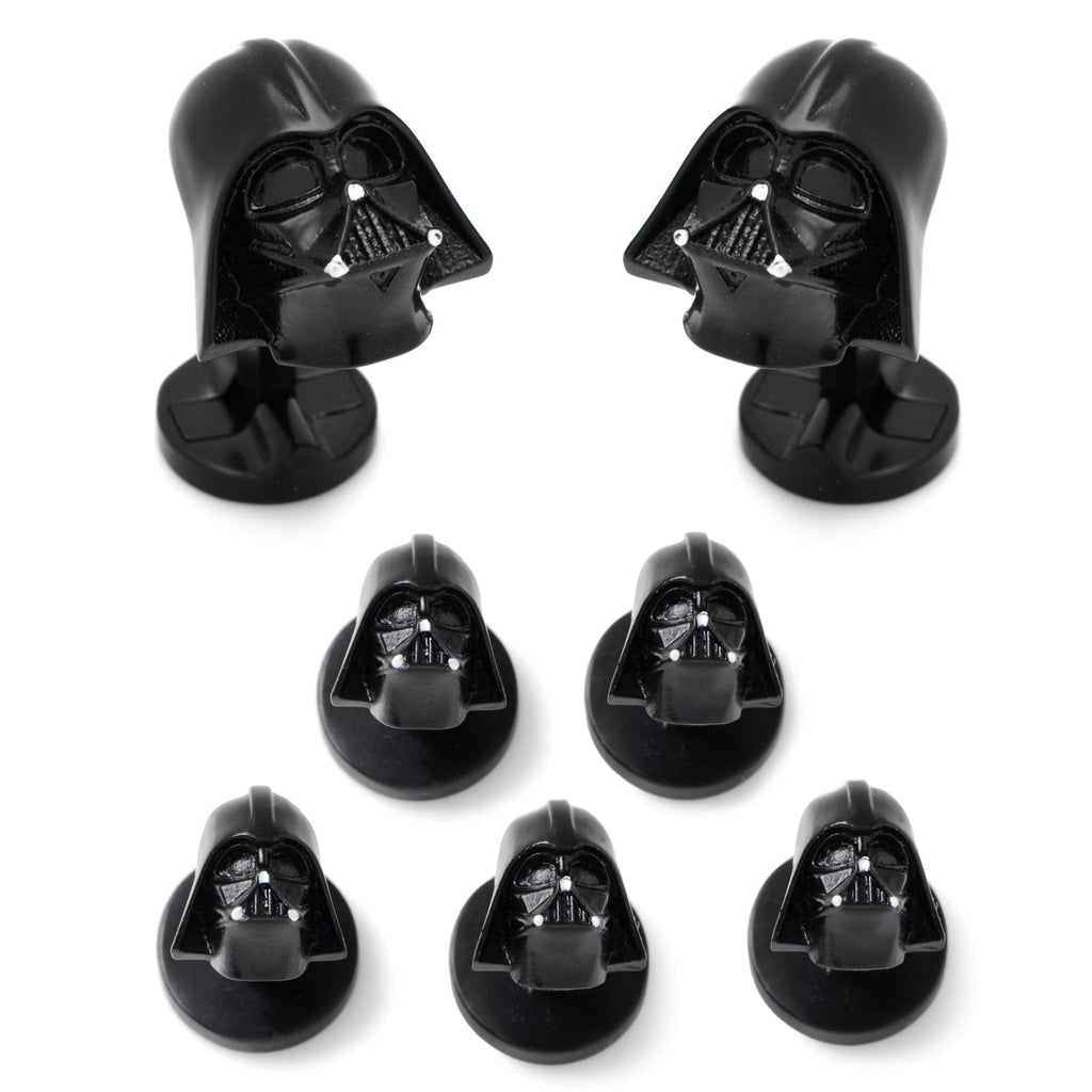 Close up of black matte Darth Vader 3D cufflinks and matching tuxedo studs set