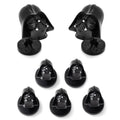 Close up of black matte Darth Vader 3D cufflinks and matching tuxedo studs set