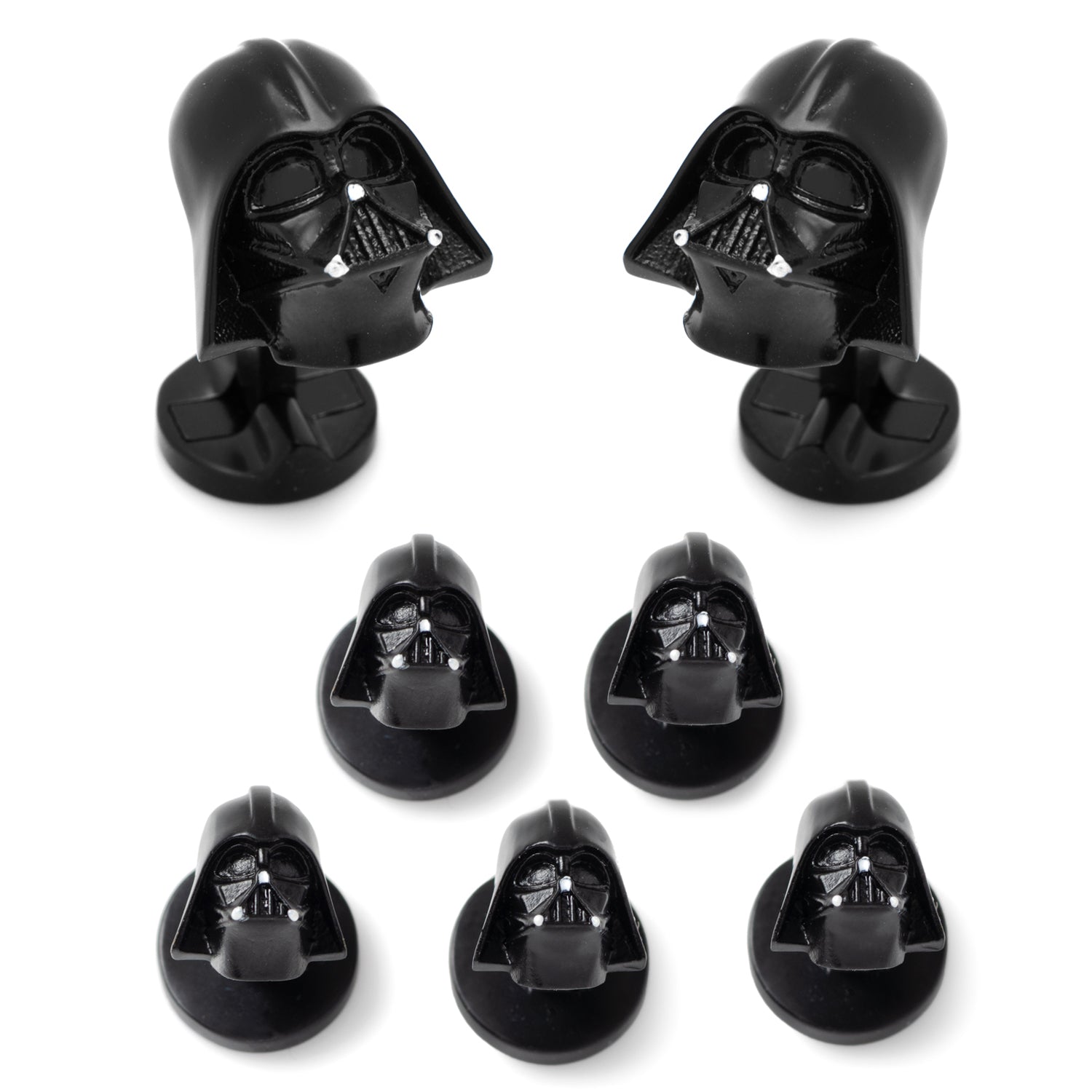 Close up of black matte Darth Vader 3D cufflinks and matching tuxedo studs set