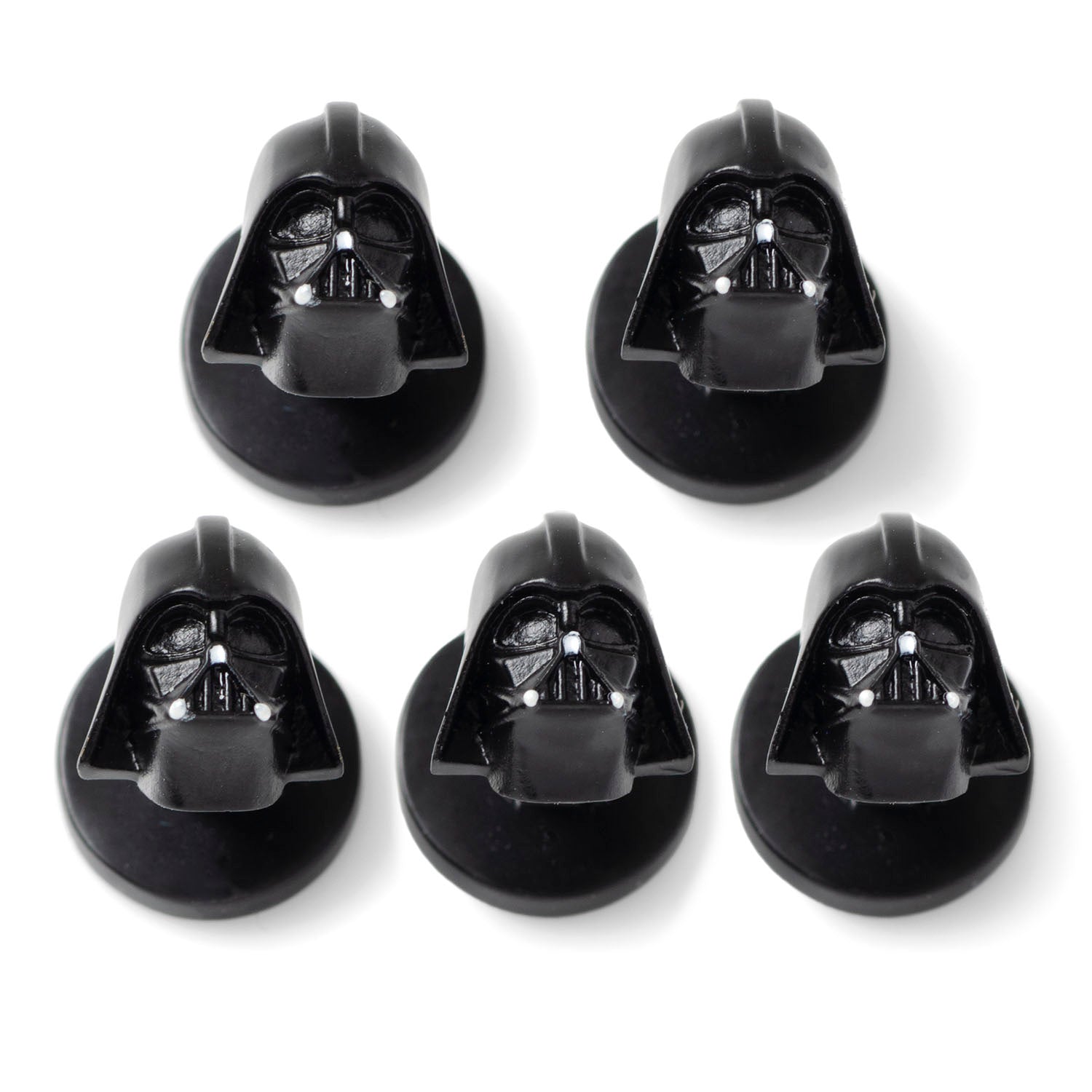 Matte black 3D Darth Vader helmet cufflink studs with Empire logo on the backing