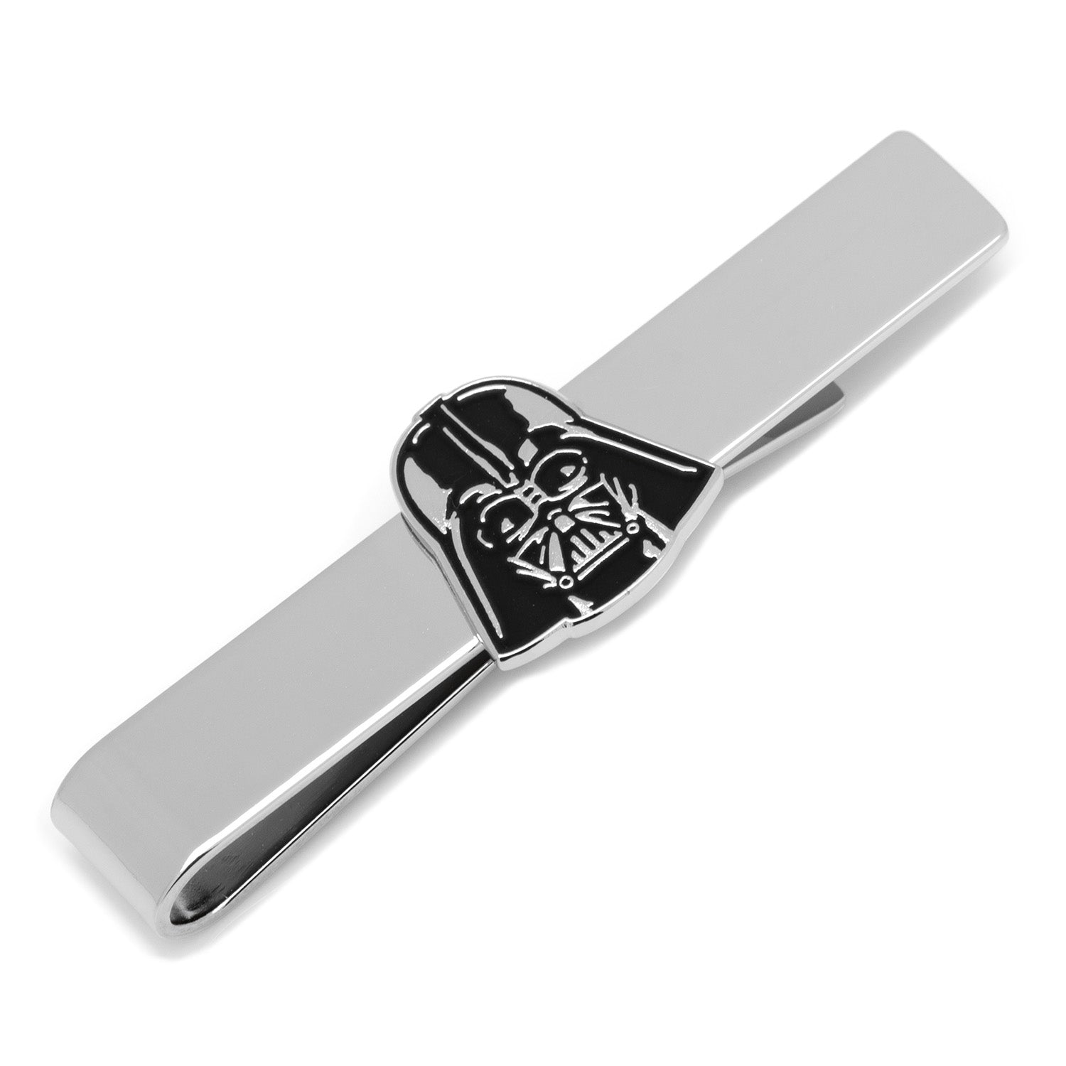 Close up of a silver tie bar featuring a matte black Darth Vader helmet emblem centered on a tie