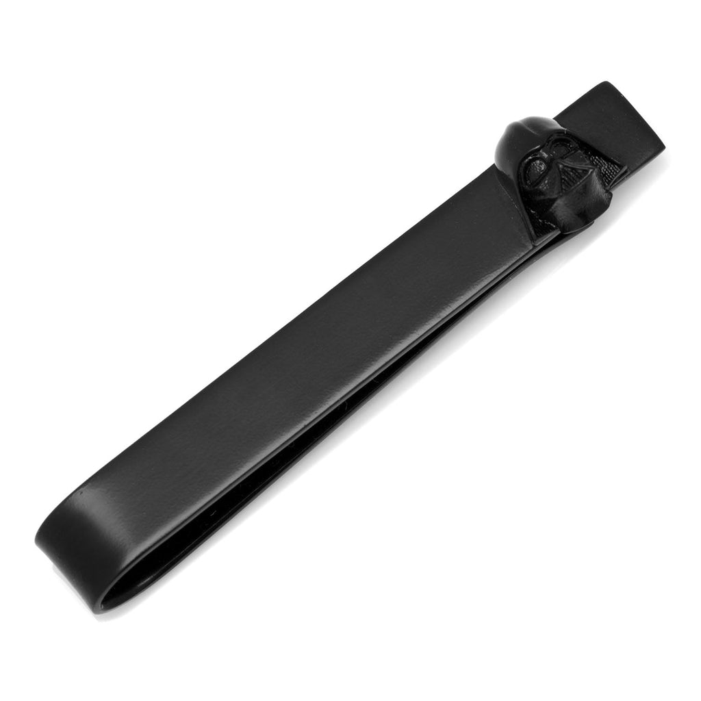 Matte black Darth Vader 3D helmet tie bar pinned to a grey patterned necktie