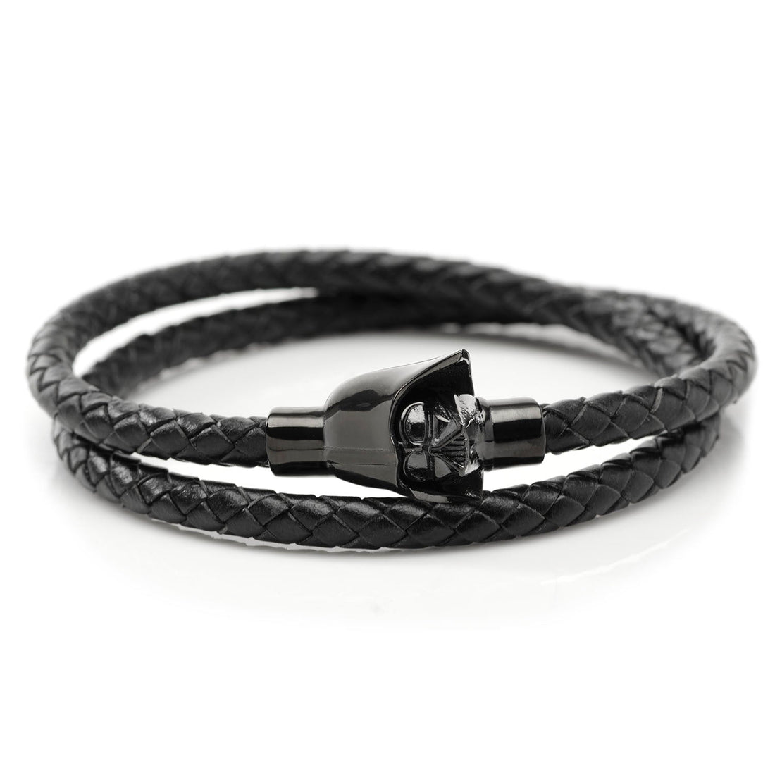 Darth Vader helmet magnetic clasp on a black braided leather double wrap bracelet