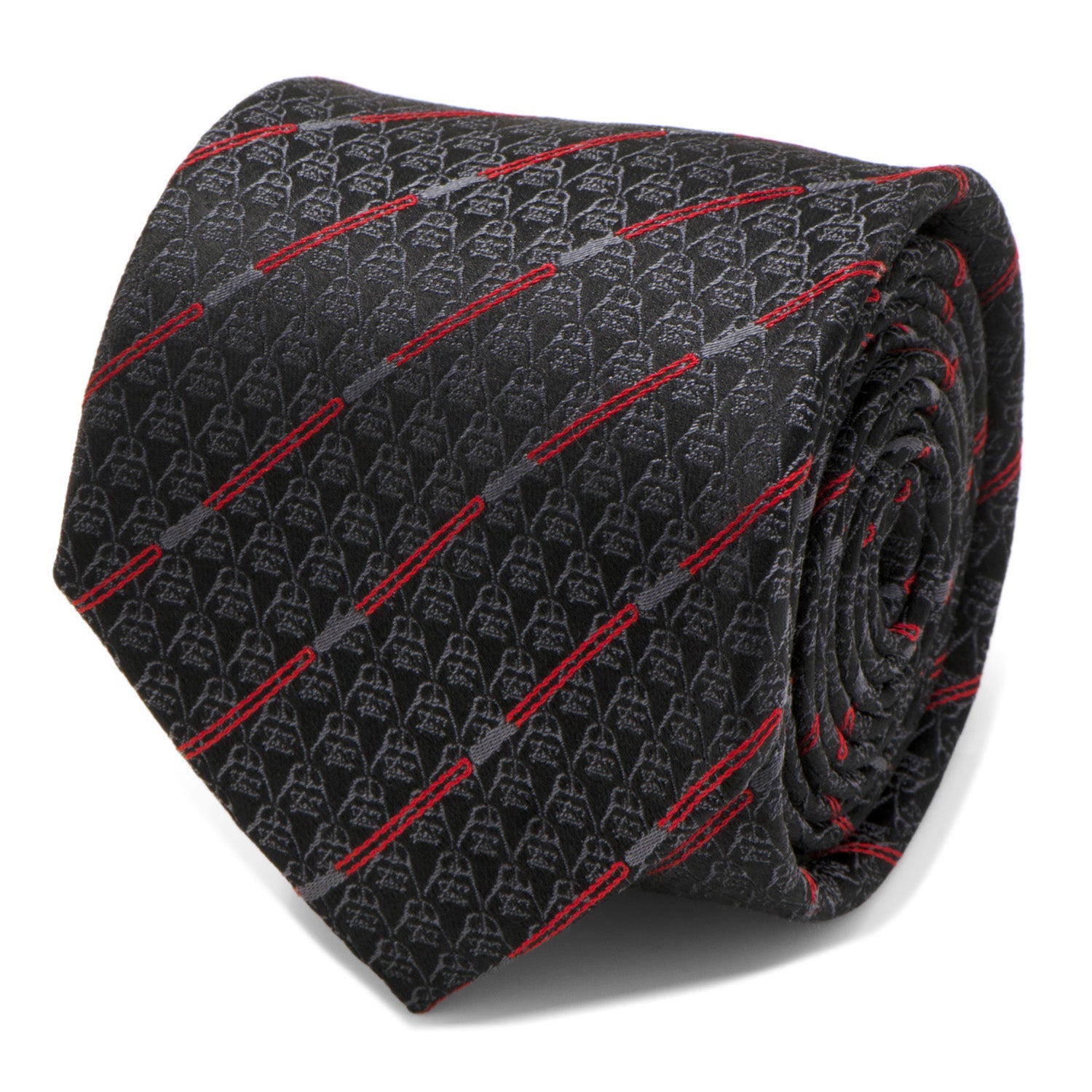Close-up view of a black silk necktie featuring a repeating Darth Vader helmet pattern and diagonal red lightsaber stripes.