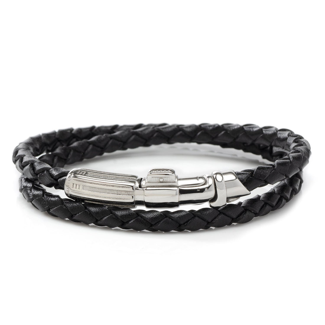 Darth Vader lightsaber design silver-tone clasp on a braided black leather bracelet
