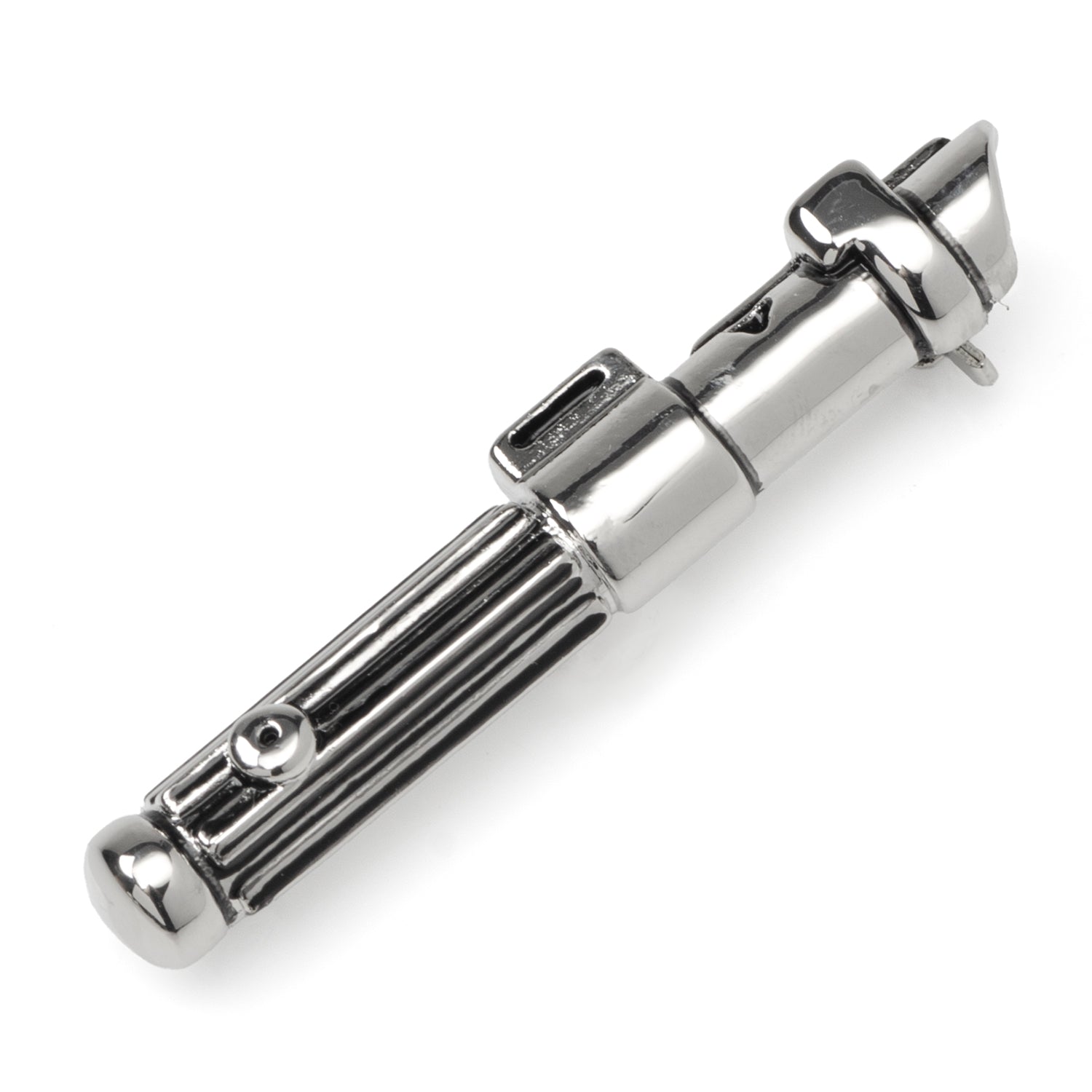 Close up of a metallic silver Darth Vader lightsaber shaped lapel pin pinned to a grey suit jacket lapel.
