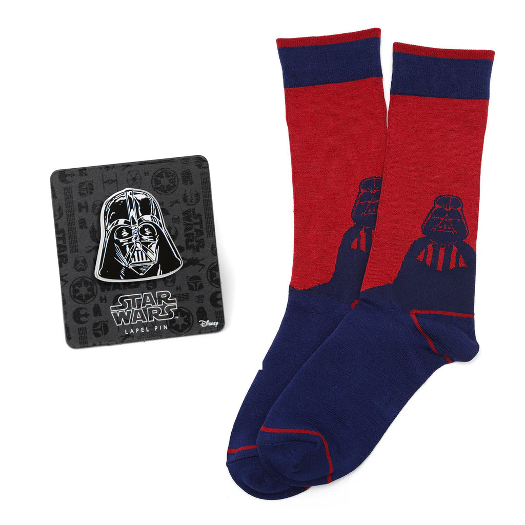 Red and blue crew socks featuring Darth Vader and a matching Darth Vader lapel pin gift set.
