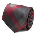 Close up and styled view of a Darth Vader themed red, black, and gray plaid silk necktie.