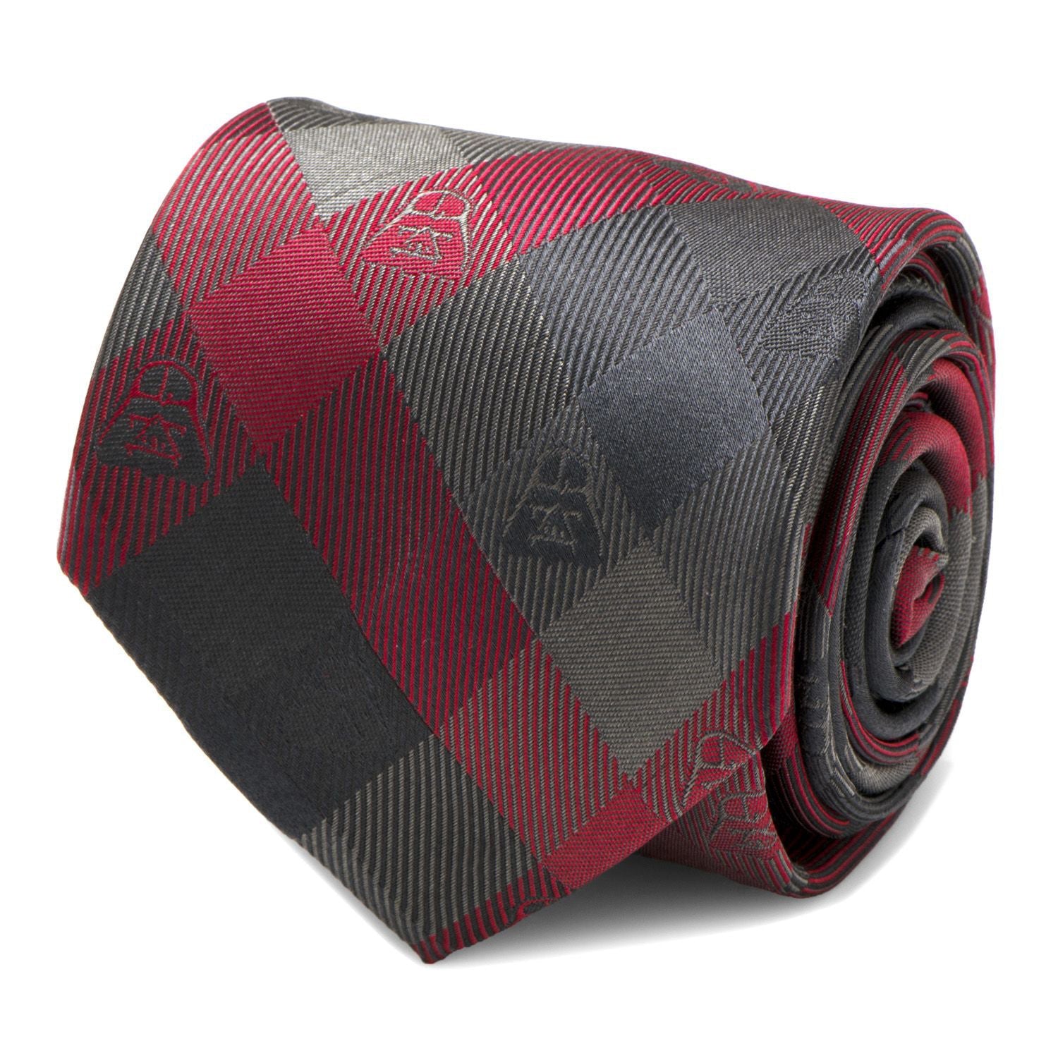 Close up and styled view of a Darth Vader themed red, black, and gray plaid silk necktie.