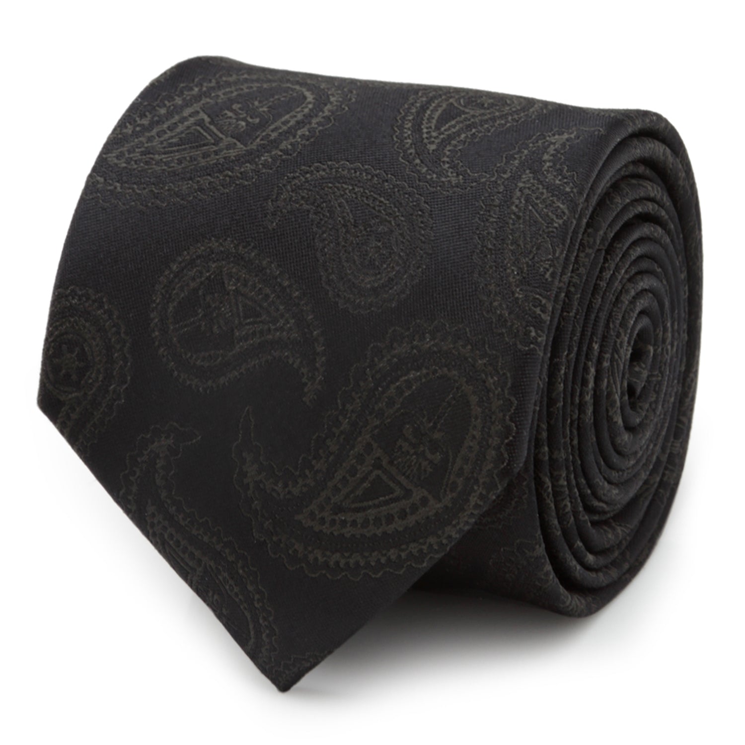 Black silk necktie with subtle Darth Vader and Imperial logo paisley pattern on a white background