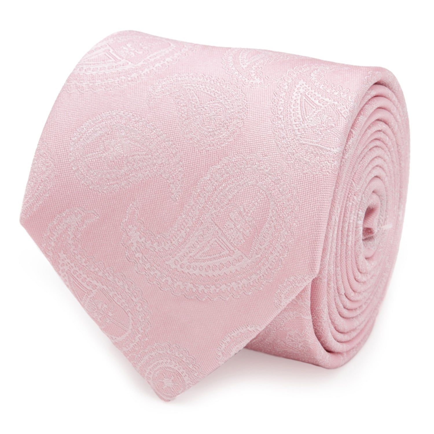 Pink silk necktie with subtle paisley pattern containing Darth Vader helmet and Imperial logo motifs.