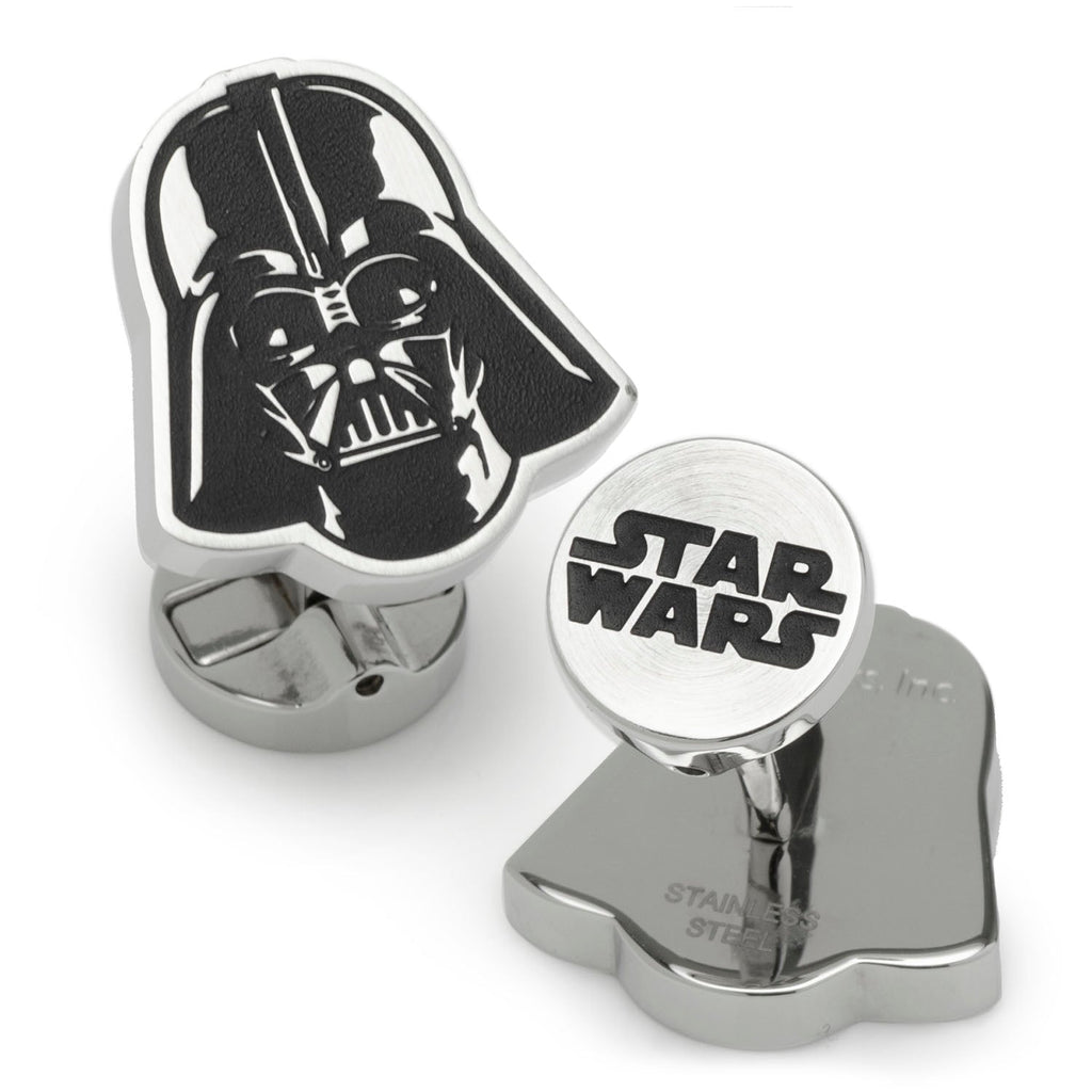A pair of Star Wars Darth Vader helmet shaped cufflinks in stainless steel with a black matte fill.