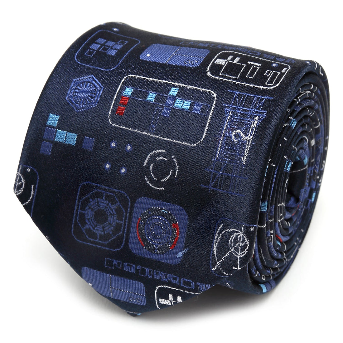 Close up of a navy blue silk necktie with Star Wars TIE fighter dashboard graphics in silver, blue, and red.