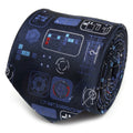 Close up of a navy blue silk necktie with Star Wars TIE fighter dashboard graphics in silver, blue, and red.
