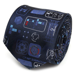 Close up of a navy blue silk necktie with Star Wars TIE fighter dashboard graphics in silver, blue, and red.
