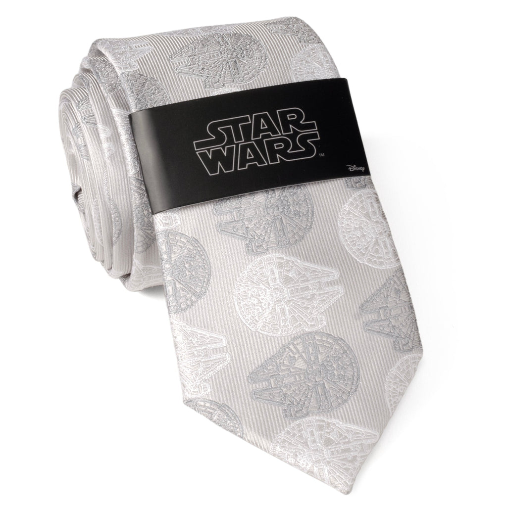 Star Wars Millennium Falcon White and Gray Pattern Silk Tie - Image 7