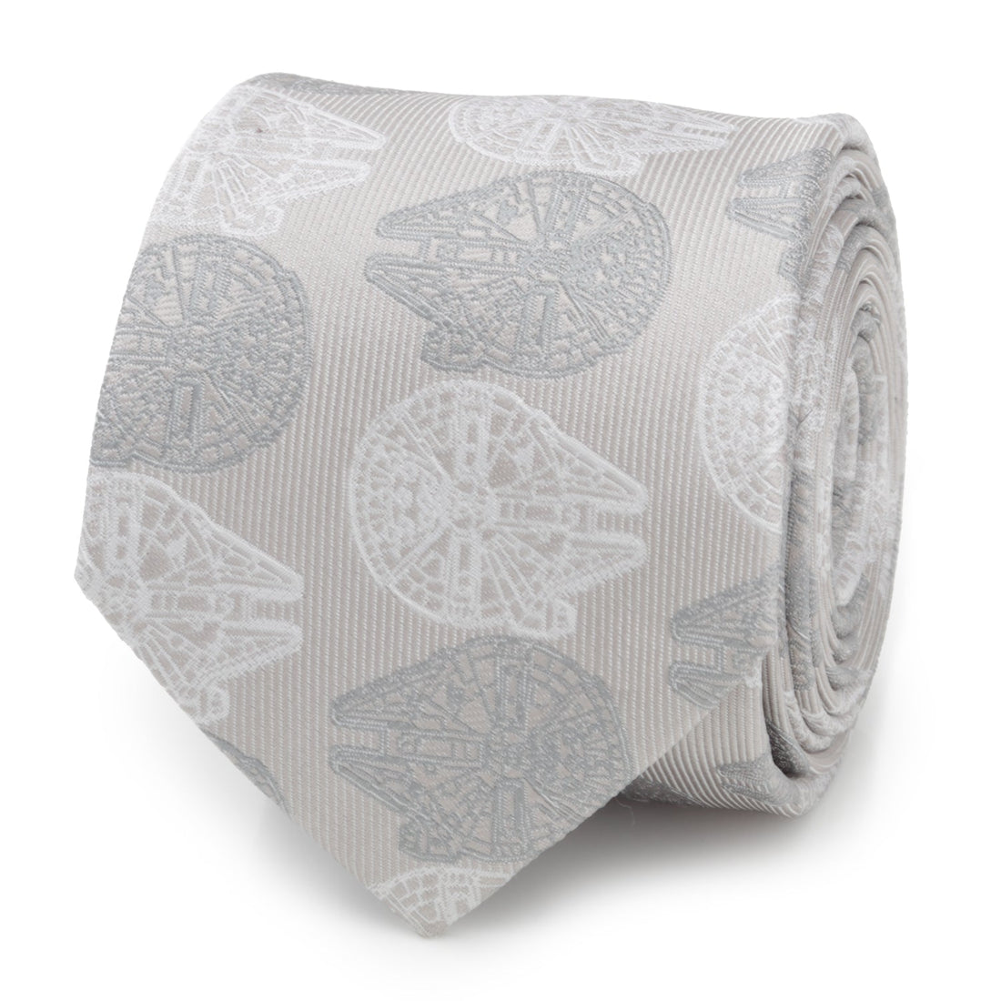 Close up of a gray silk tie featuring an embroidered Millennium Falcon pattern from Star Wars