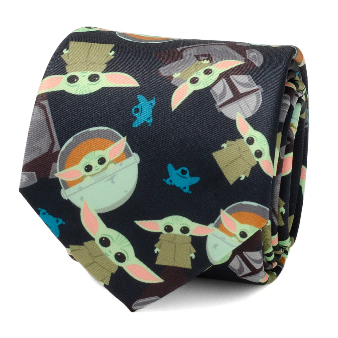 Navy blue men's necktie featuring cartoon print of The Mandalorian and Grogu
