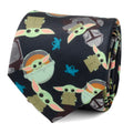 Navy blue men's necktie featuring cartoon print of The Mandalorian and Grogu