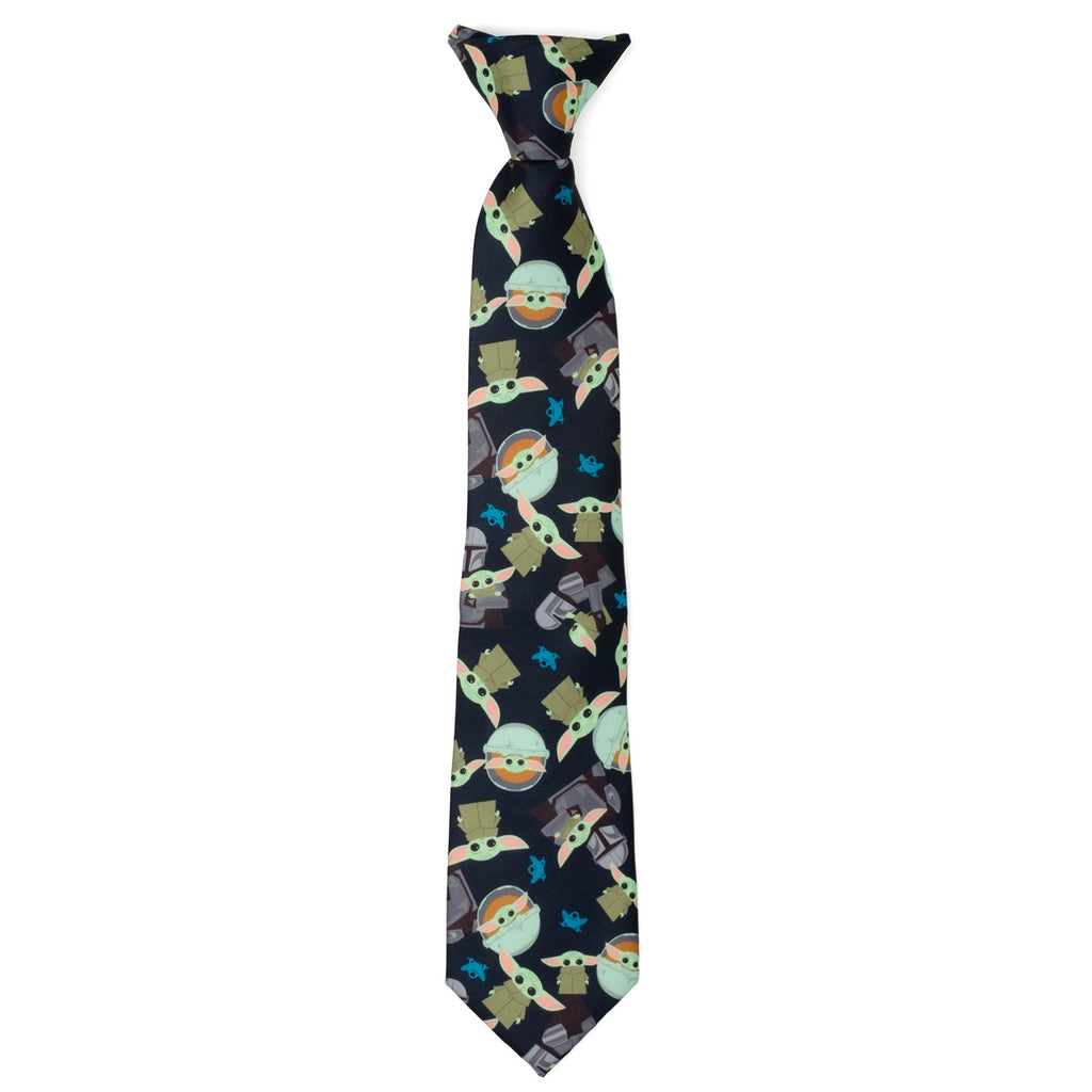 Boys navy blue clip-on tie featuring a cartoon pattern of Mando and Grogu from The Mandalorian.