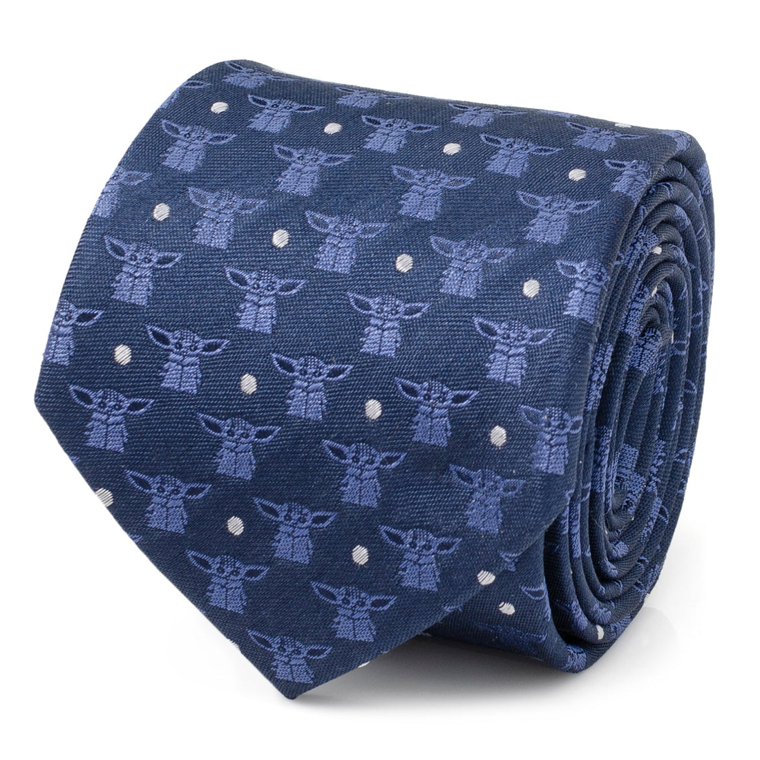 Close up of a navy blue Star Wars necktie featuring a repeating Grogu motif and white pin dots on a silk blend fabric.