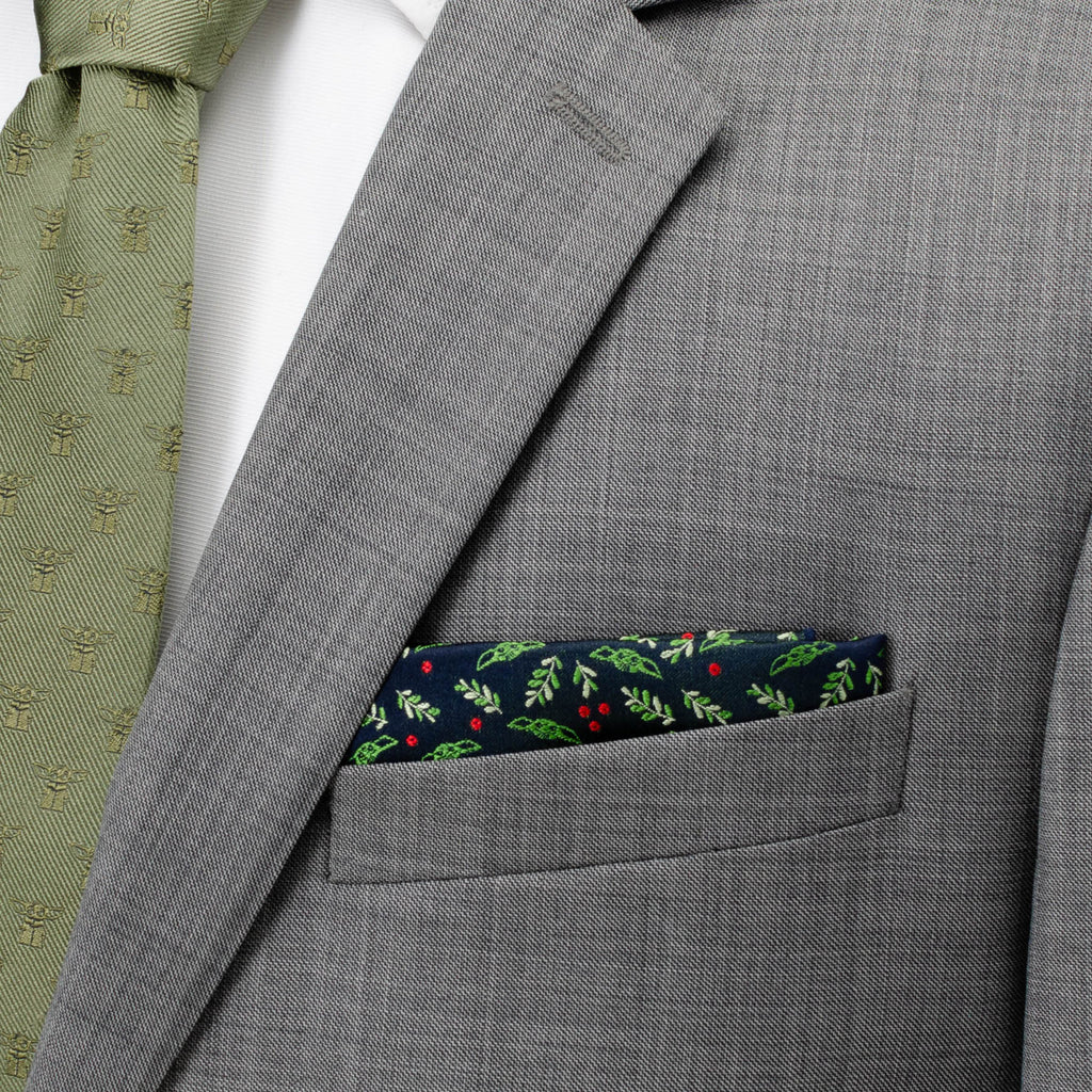 Grogu Holiday Navy Pocket Square with Holly and Berry Print - Image 2