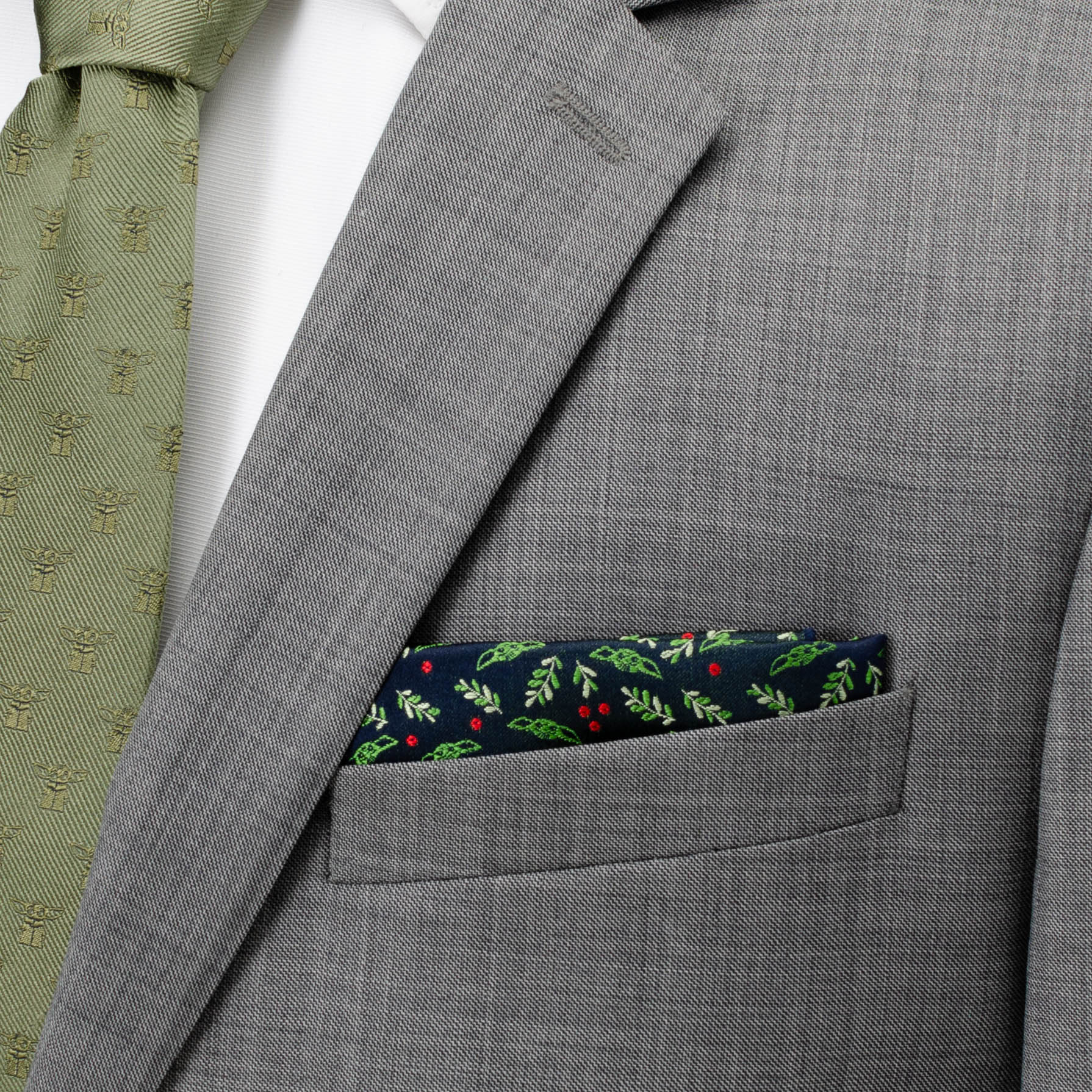 Grogu Holiday Navy Pocket Square with Holly and Berry Print - Image 2