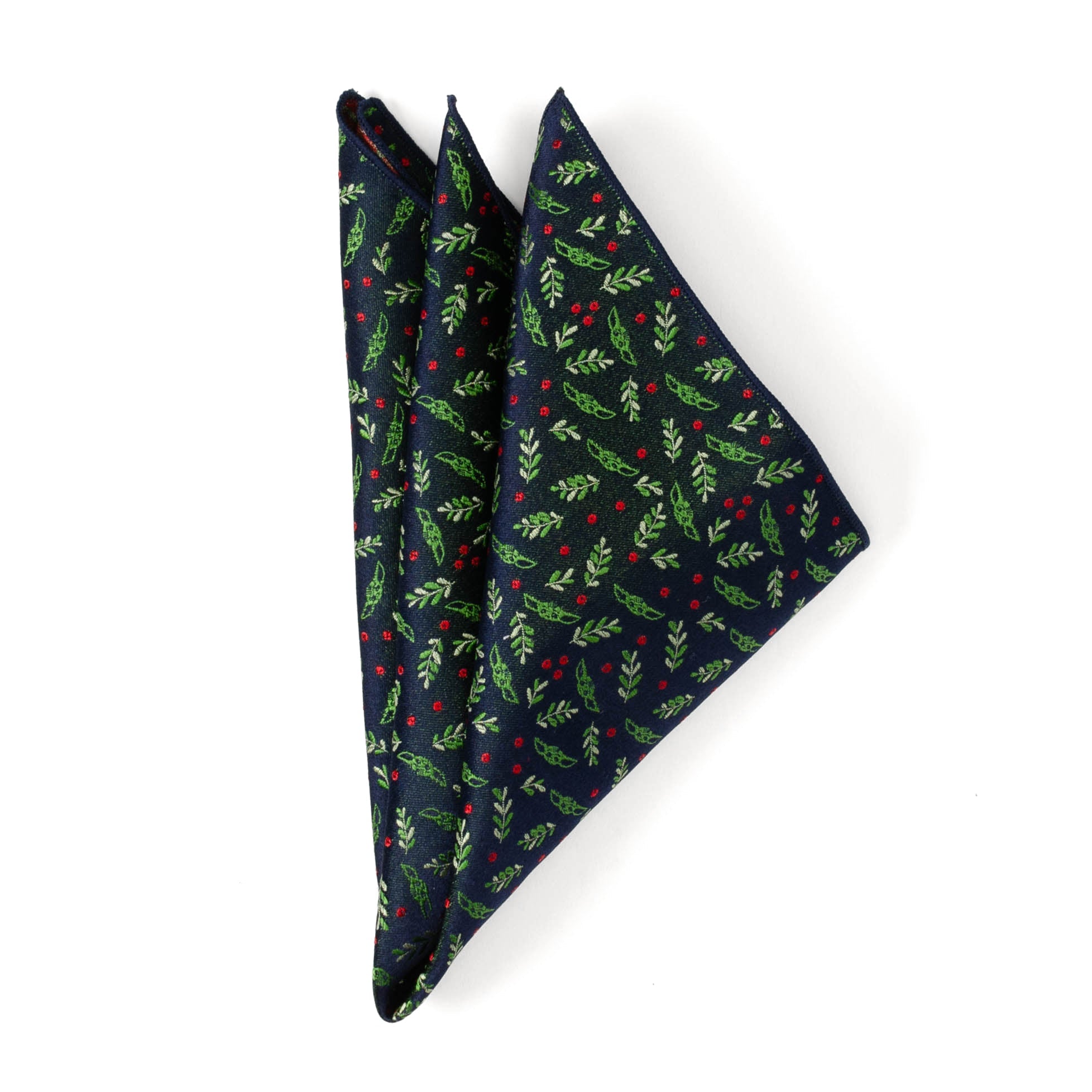 Grogu Holiday Navy Pocket Square with Holly and Berry Print - Image 4