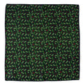 Navy blue silk pocket square featuring a repeating pattern of Grogu, green holly leaves, and red berries.